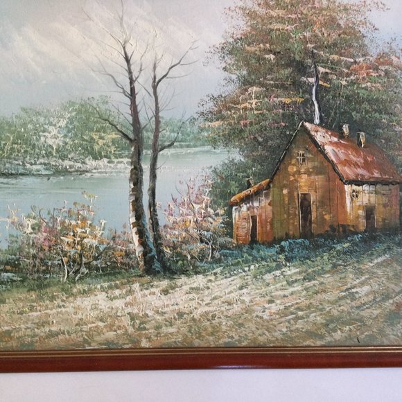 Original landscape painting on canvas framed river house tree in a light frame - Picture 4 of 7